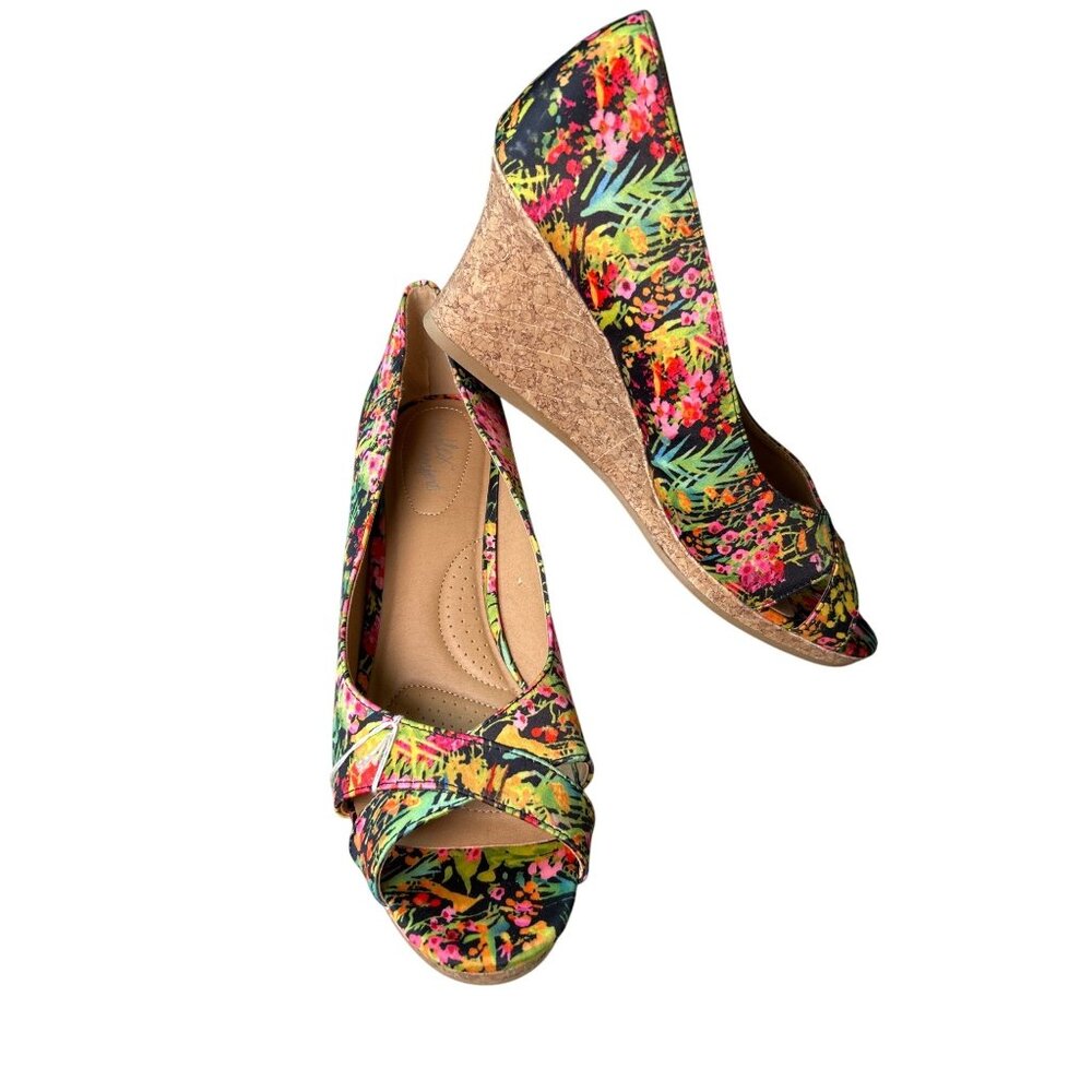NEW DexFlex Comfort Cork Wedge Peep-Toe Shoes Women's Sz 11 Floral Vibrant Color